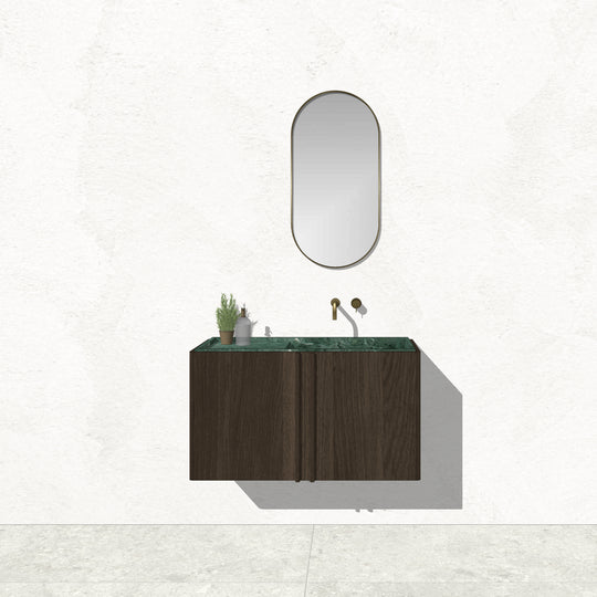 Houtmerk - Zwevend houten Badmeubel Rouleaux - Afgerond hout met natuursteen wastafel Badmeubels Houtmerk