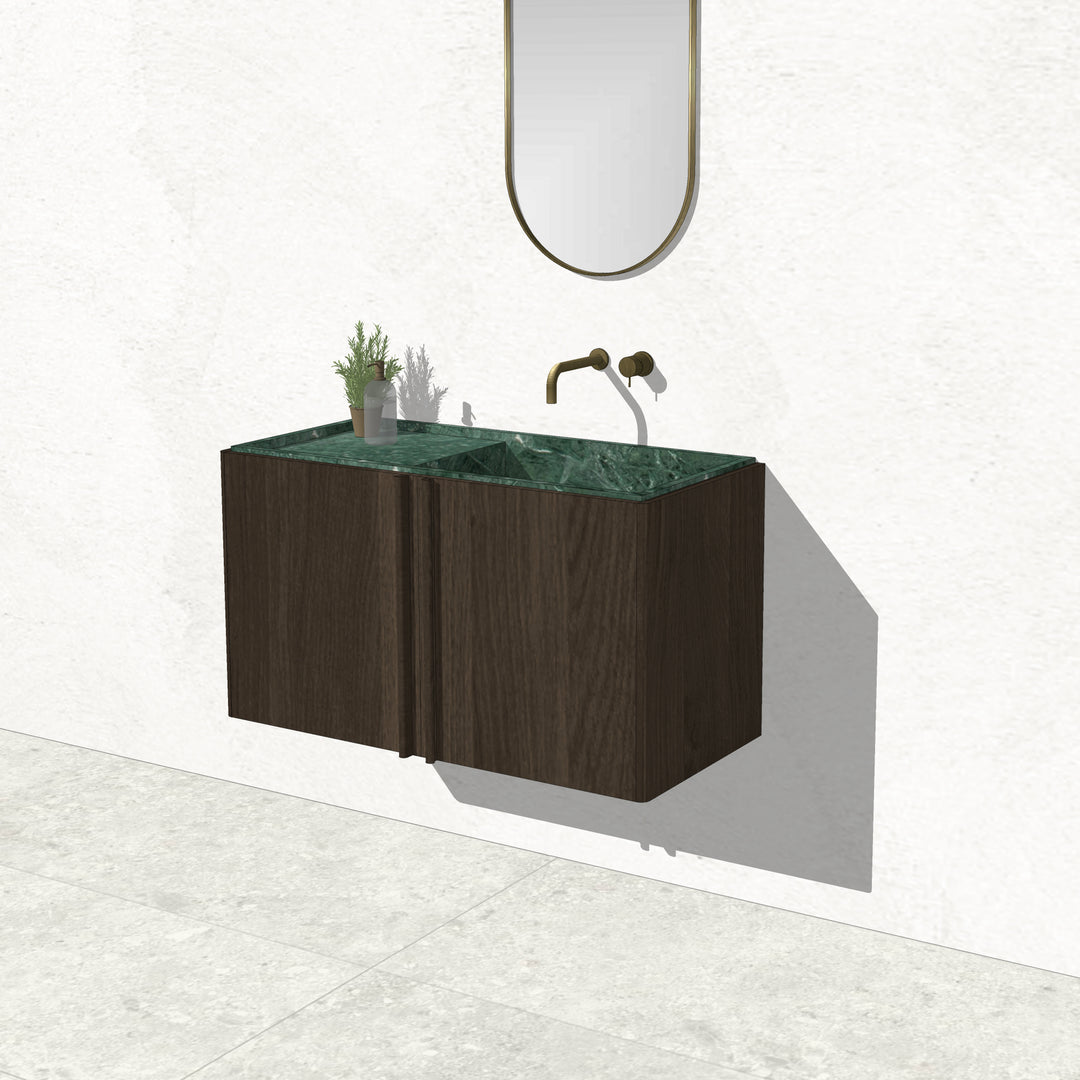 Houtmerk - Zwevend houten Badmeubel Rouleaux - Afgerond hout met natuursteen wastafel Badmeubels Houtmerk