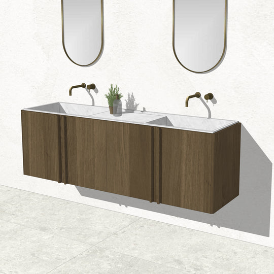 Houtmerk - Zwevend houten Badmeubel Rouleaux - Afgerond hout met natuursteen wastafel Badmeubels Houtmerk