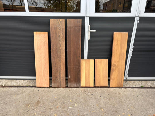 Houtmerk - Losse panelen massief hout bont - SALE Werkbladen houtmerk