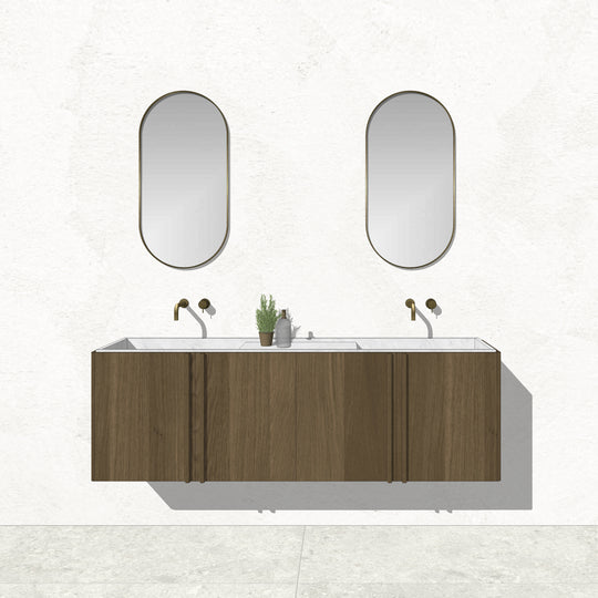 Houtmerk - Zwevend houten Badmeubel Rouleaux - Afgerond hout met natuursteen wastafel Badmeubels Houtmerk