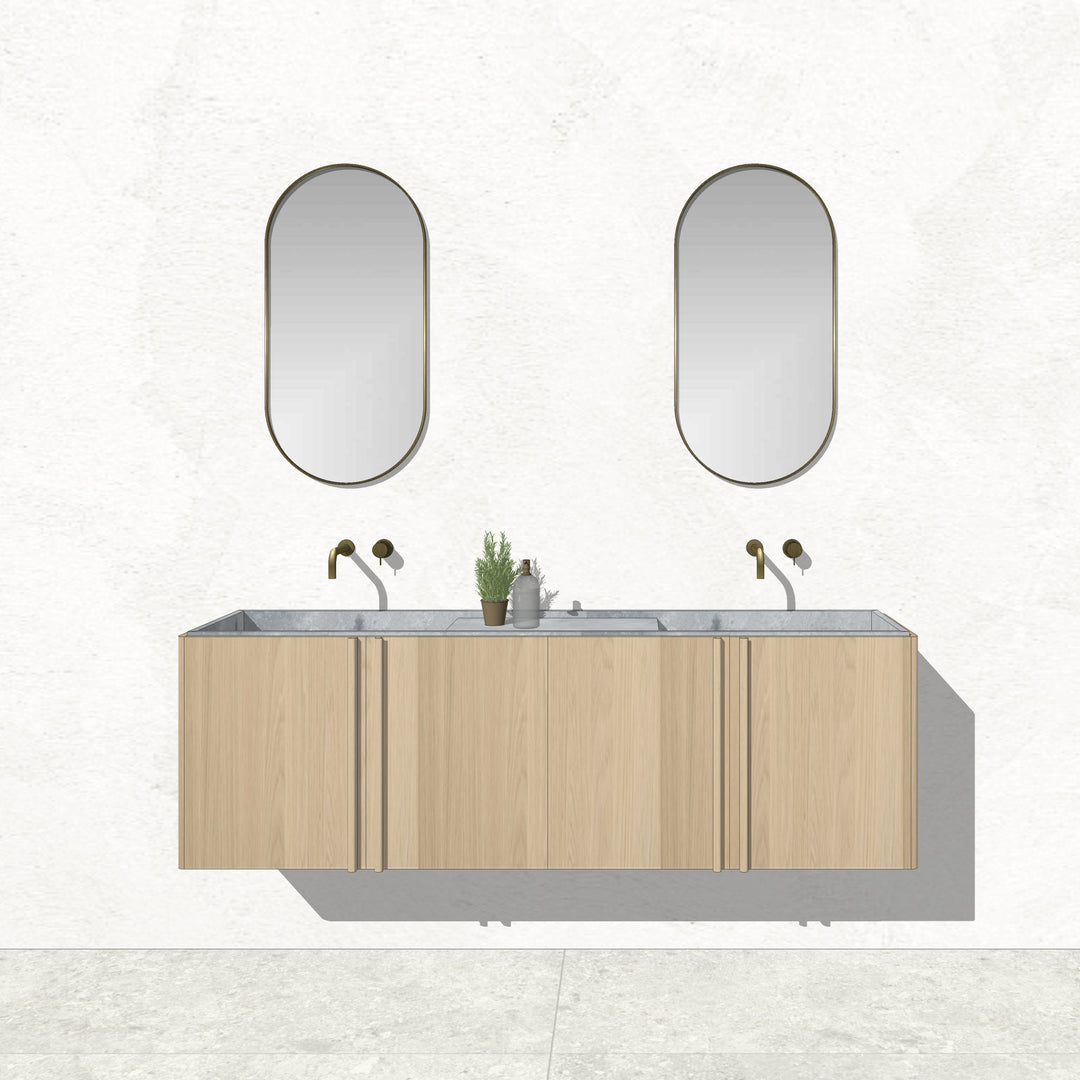 Houtmerk - Zwevend houten Badmeubel Rouleaux - Afgerond hout met natuursteen wastafel Badmeubels Houtmerk