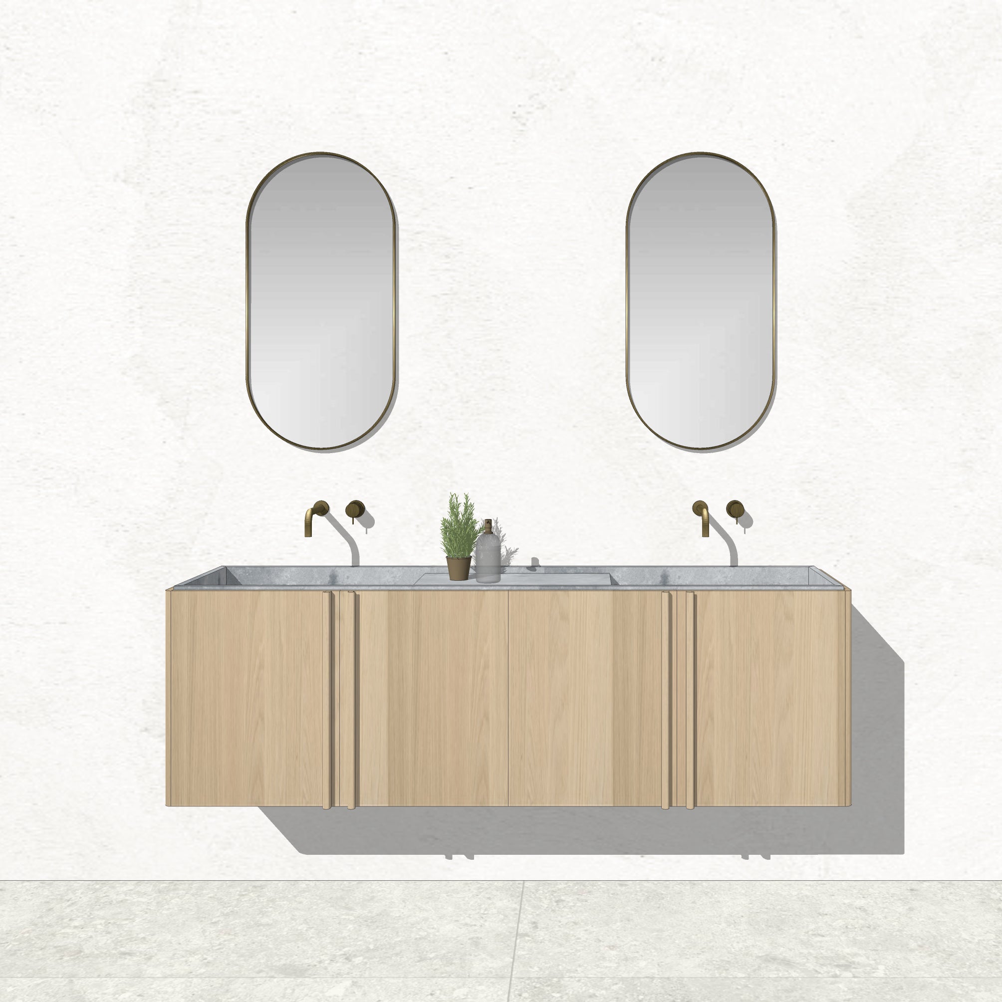 Houtmerk - Zwevend houten Badmeubel Rouleaux - Afgerond hout met natuursteen wastafel Badmeubels Houtmerk