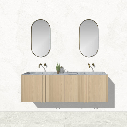 Houtmerk - Zwevend houten Badmeubel Rouleaux - Afgerond hout met natuursteen wastafel Badmeubels Houtmerk