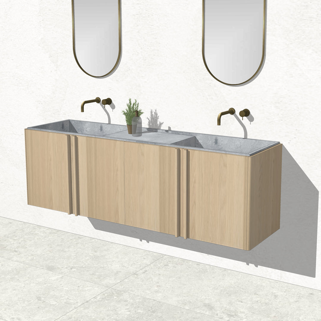 Houtmerk - Zwevend houten Badmeubel Rouleaux - Afgerond hout met natuursteen wastafel Badmeubels Houtmerk