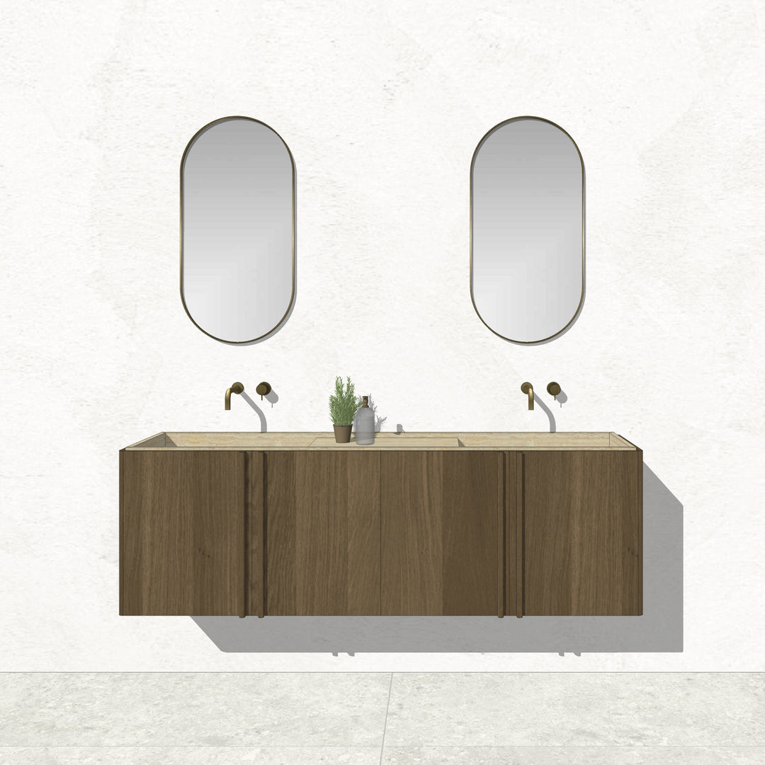 Houtmerk - Zwevend houten Badmeubel Rouleaux - Afgerond hout met natuursteen wastafel Badmeubels Houtmerk