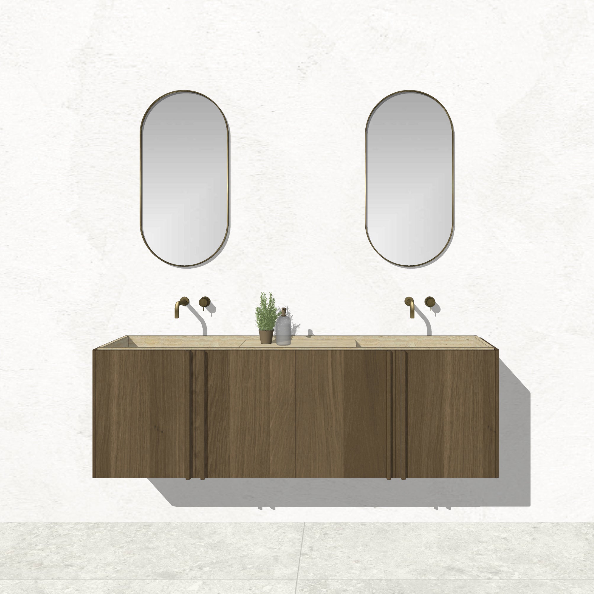 Houtmerk - Zwevend houten Badmeubel Rouleaux - Afgerond hout met natuursteen wastafel Badmeubels Houtmerk