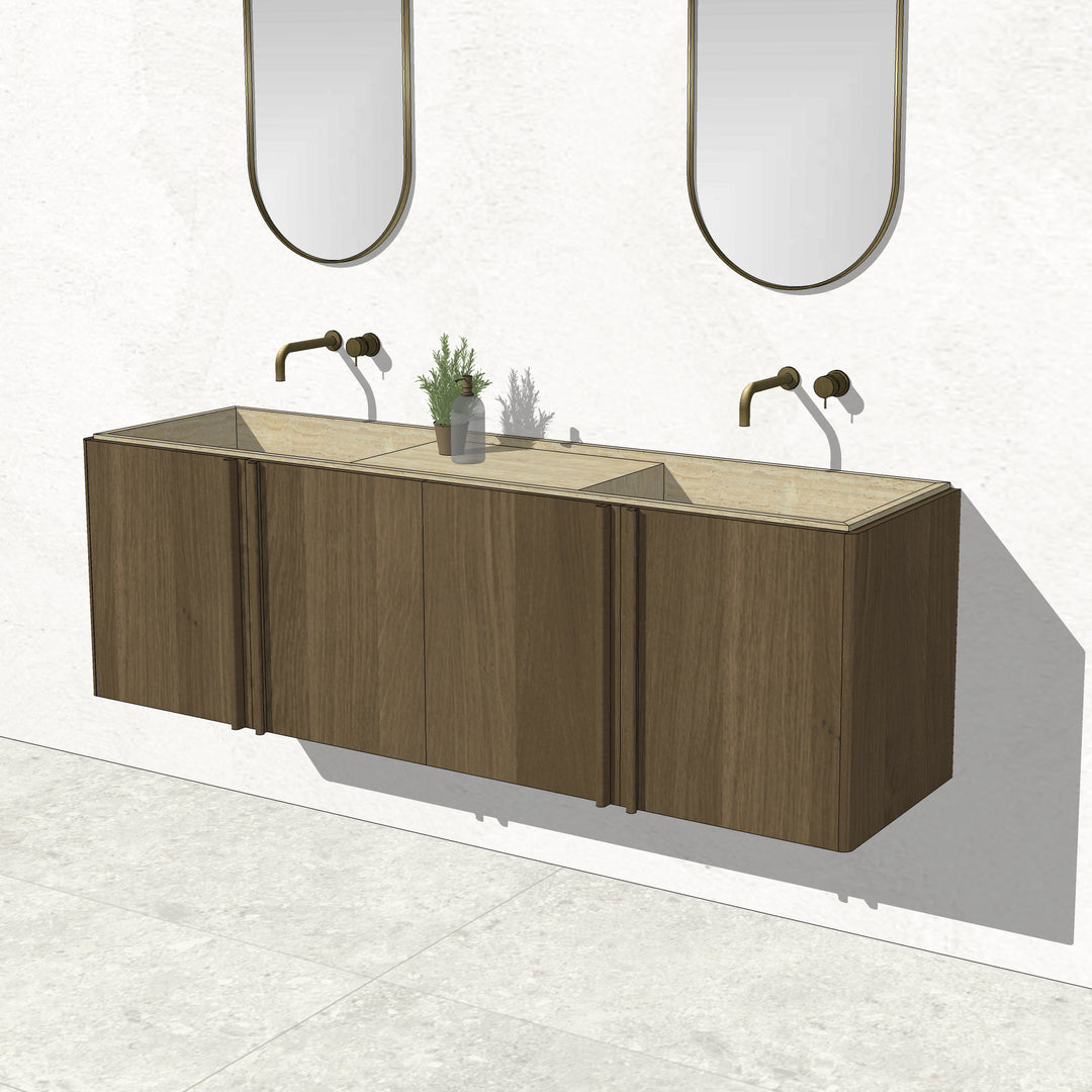 Houtmerk - Zwevend houten Badmeubel Rouleaux - Afgerond hout met natuursteen wastafel Badmeubels Houtmerk