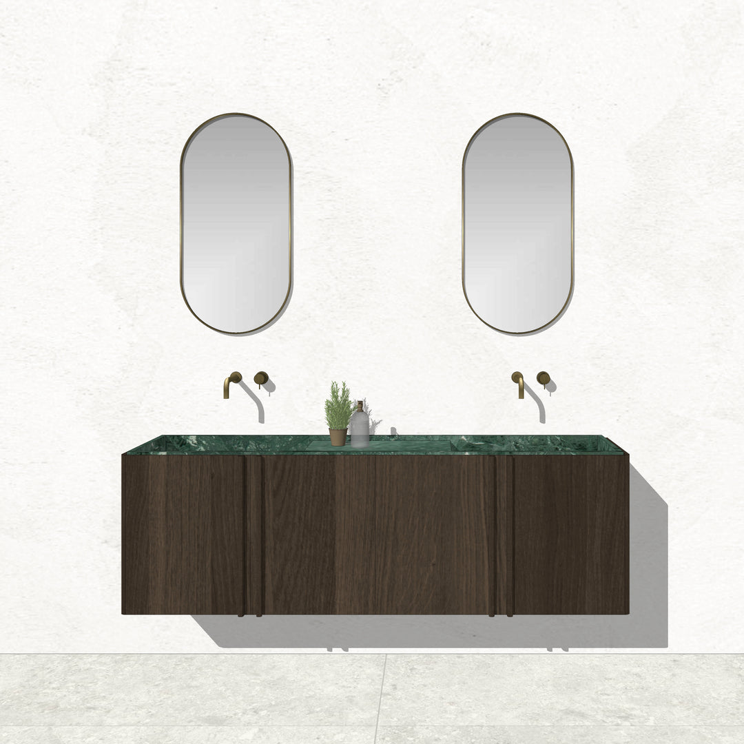 Houtmerk - Zwevend houten Badmeubel Rouleaux - Afgerond hout met natuursteen wastafel Badmeubels Houtmerk