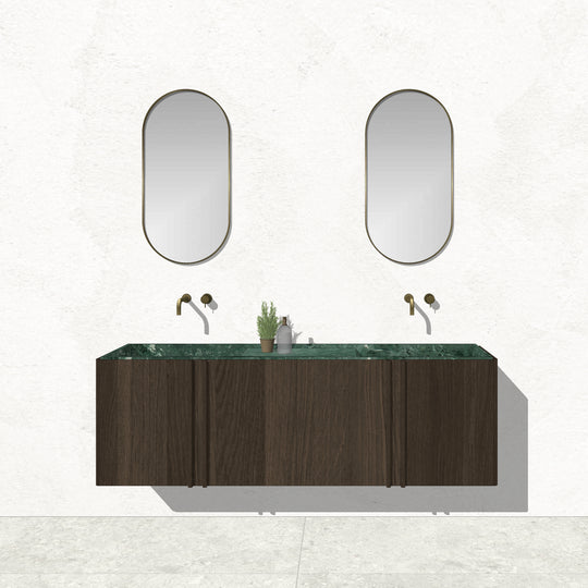 Houtmerk - Zwevend houten Badmeubel Rouleaux - Afgerond hout met natuursteen wastafel Badmeubels Houtmerk