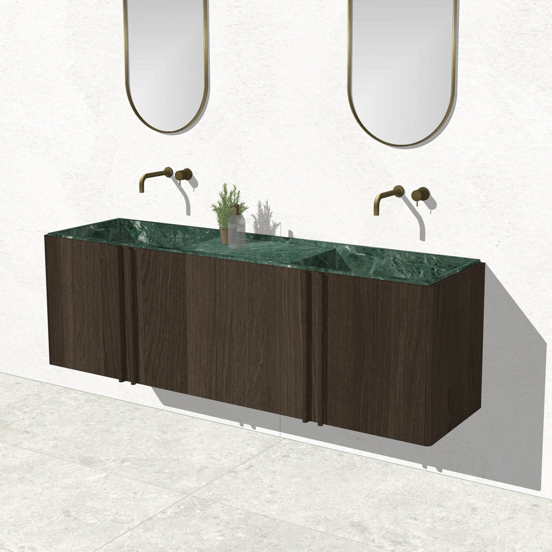 Houtmerk - Zwevend houten Badmeubel Rouleaux - Afgerond hout met natuursteen wastafel Badmeubels Houtmerk