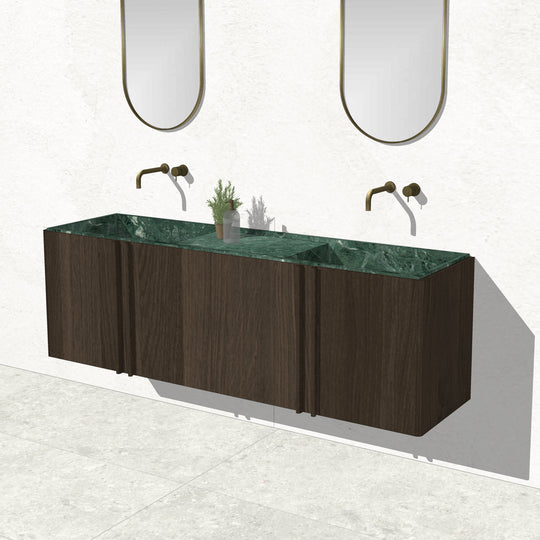 Houtmerk - Zwevend houten Badmeubel Rouleaux - Afgerond hout met natuursteen wastafel Badmeubels Houtmerk