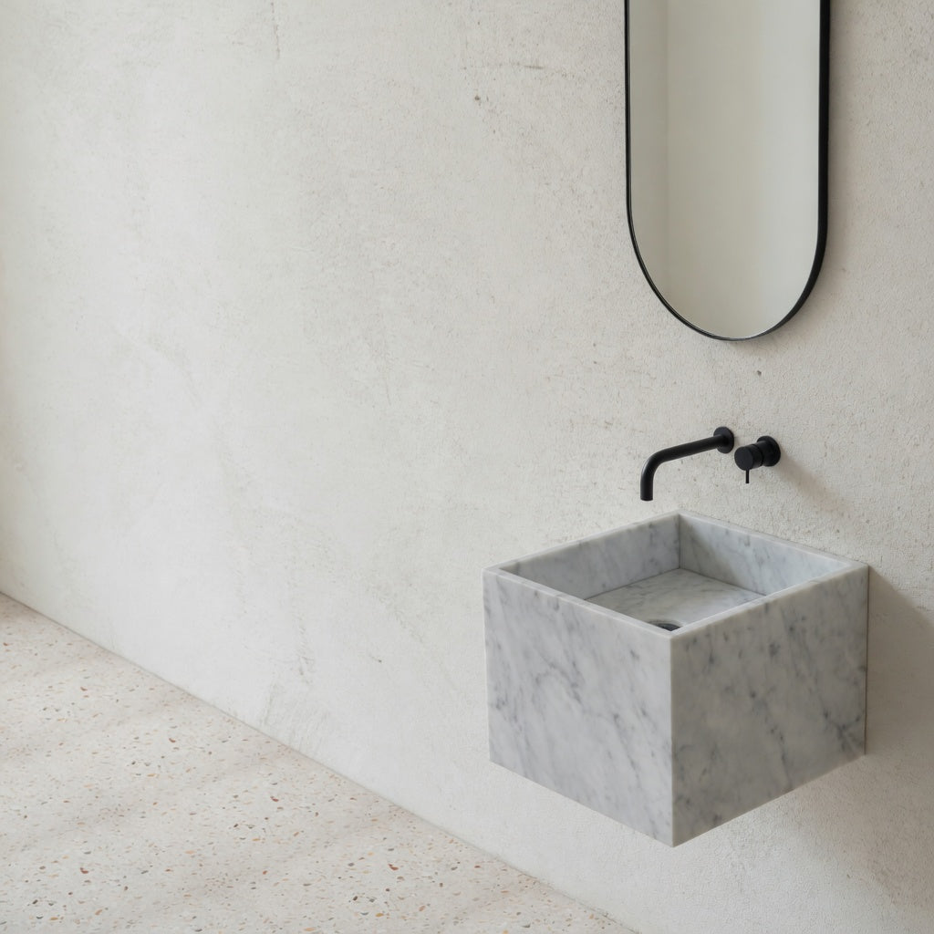Houtmerk - Omega enkele wastafel 45x46cm - Bianco Carrara marmer - Natuursteen uit voorraad Houtmerk