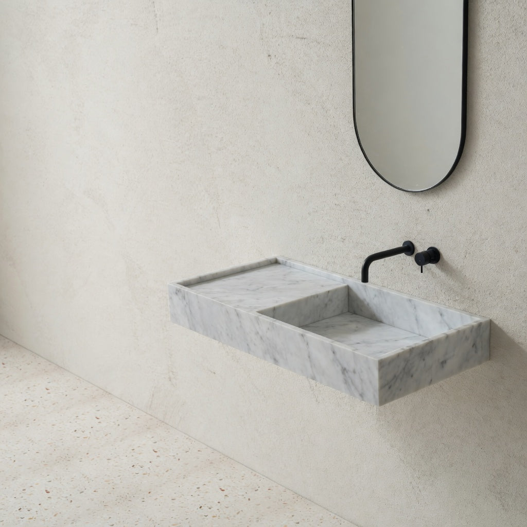 Houtmerk - Partout enkele wastafel 100cm - Bianco Carrara marmer - Natuursteen uit voorraad Houtmerk