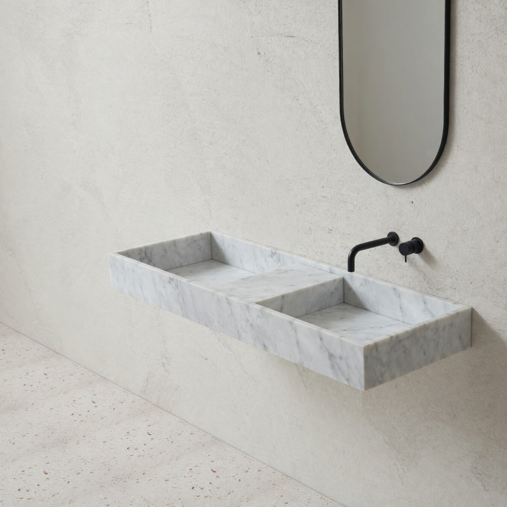 Houtmerk - Partout dubbele wastafel 135cm - Bianco Carrara marmer - Natuursteen uit voorraad Houtmerk