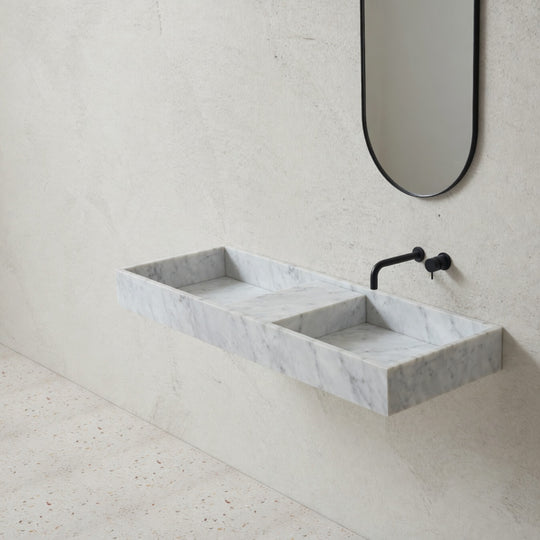 Houtmerk - Partout dubbele wastafel 135cm - Bianco Carrara marmer - Natuursteen uit voorraad Houtmerk