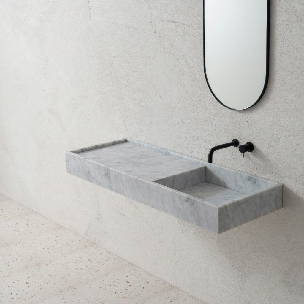 Houtmerk - Partout enkele wastafel 135cm - Bianco Carrara marmer - Natuursteen uit voorraad Houtmerk