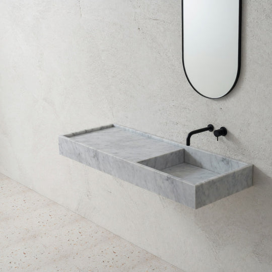 Houtmerk - Partout enkele wastafel 135cm - Bianco Carrara marmer - Natuursteen uit voorraad Houtmerk