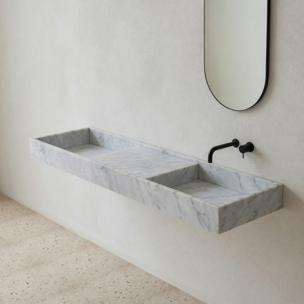 Houtmerk - Partout dubbele wastafel 180cm - Bianco Carrara marmer - Natuursteen uit voorraad Houtmerk