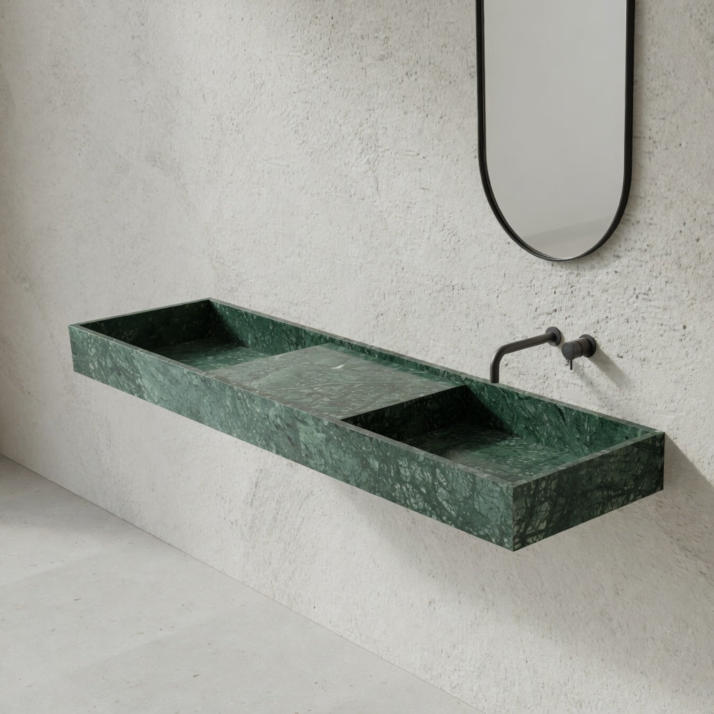 Houtmerk - Partout dubbele wastafel 180cm - Indian Green marmer - Natuursteen uit voorraad Houtmerk