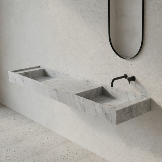 Houtmerk - Partout dubbele wastafel 200cm - Bianco Carrara marmer - Natuursteen uit voorraad Houtmerk