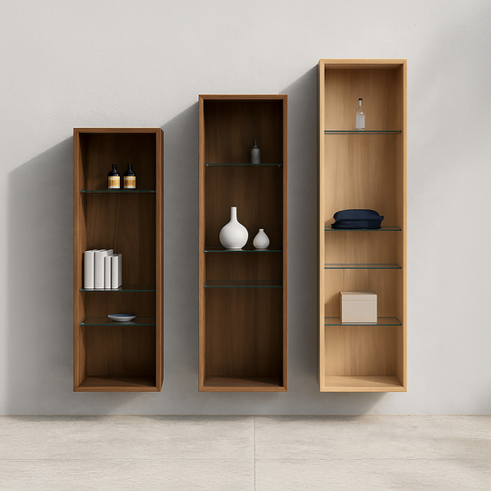 Houtmerk - Open houten Kolomkast Rouleaux - Afgerond hout met glazen legplanken