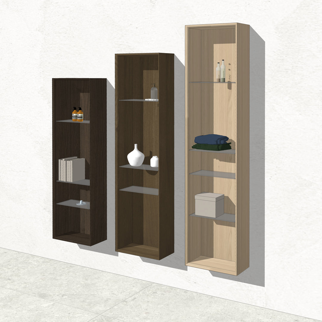 Houtmerk - Open houten Kolomkast Rouleaux - Afgerond hout met glazen legplanken