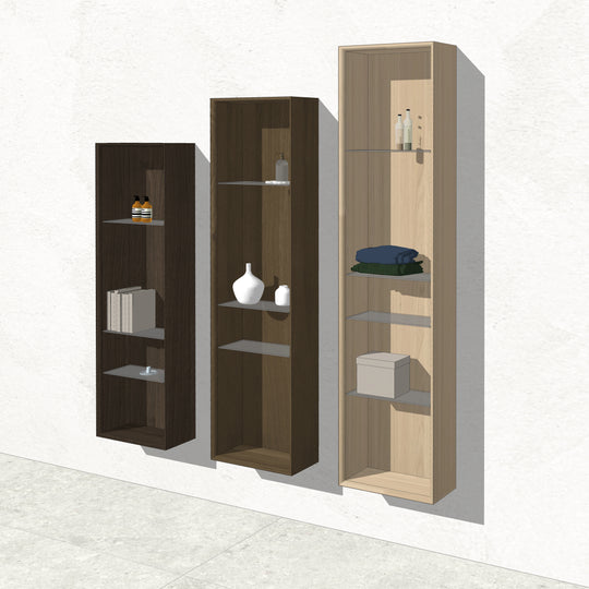 Houtmerk - Open houten Kolomkast Rouleaux - Afgerond hout met glazen legplanken